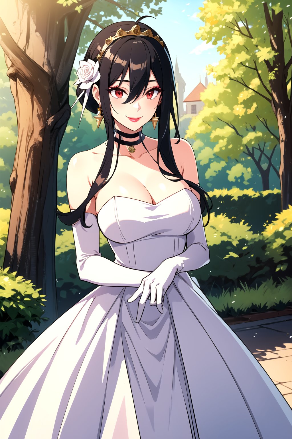 hair between eyes, ahoge, white_hair, star \(symbol\), hair ornament, dress, cleavage, bare shoulders, collarbone, long white elbow gloves, white gloves, white dress, white choker, strapless, tiara, veil, strapless dress, wedding dress, bridal veil, beautiful woman, perfect body, perfect breasts, wearing a wedding dress, ball gown,lipstick,makeup ,in the park trees, wedding decorations, a in love smile, realism, masterpiece, textured skin, super detail, high detail, high quality, best quality, 1080p, 16k,bbyorf, short hair with long locks, red eyes, gold earrings,black_hair