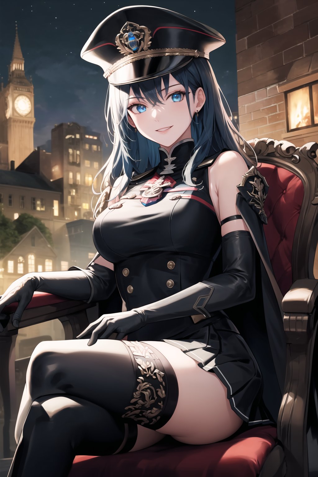 elbow gloves, white skirt, miniskirt, skirt, white_thighhigh_boots,military_uniform,military_hat,white_elbow_gloves,sleeveless ,no_sleeves,shoulder_cape,looking at viewer, city, night, sky, (intricately detailed, hyperdetailed), burning building background,depth of field, best quality, masterpiece, intricate details, tonemapping, sharp focus, hyper detailed, trending on Artstation,1 girl, high res, official art,evil smile,sitting_down,crossed_legs_(sitting),sitting_on_chair, jewelry,FEMBYLETH