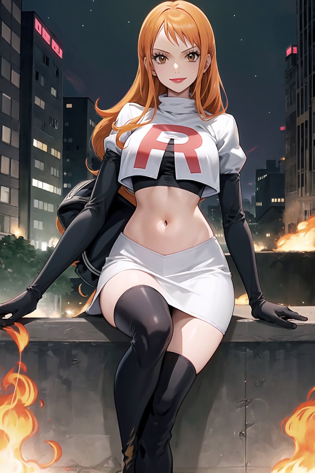 Team Rocket, cropped jacket, white jacket, crop top, jacket, gloves, black gloves, elbow gloves, navel, midriff, white skirt, miniskirt, skirt, black thighhigh boots,military_uniform,looking at viewer, city, night, sky, (intricately detailed, hyperdetailed), burning building background,depth of field, best quality, masterpiece, intricate details, tonemapping, sharp focus, hyper detailed, trending on Artstation,1 girl, high res, official art,evil smile,purple_eyeshadow,pink_lipstick,crossed_legs_(sitting),namipostn,orange_hair,brown_eyes,long_hair, nami_(one_piece),nami \(one piece\)