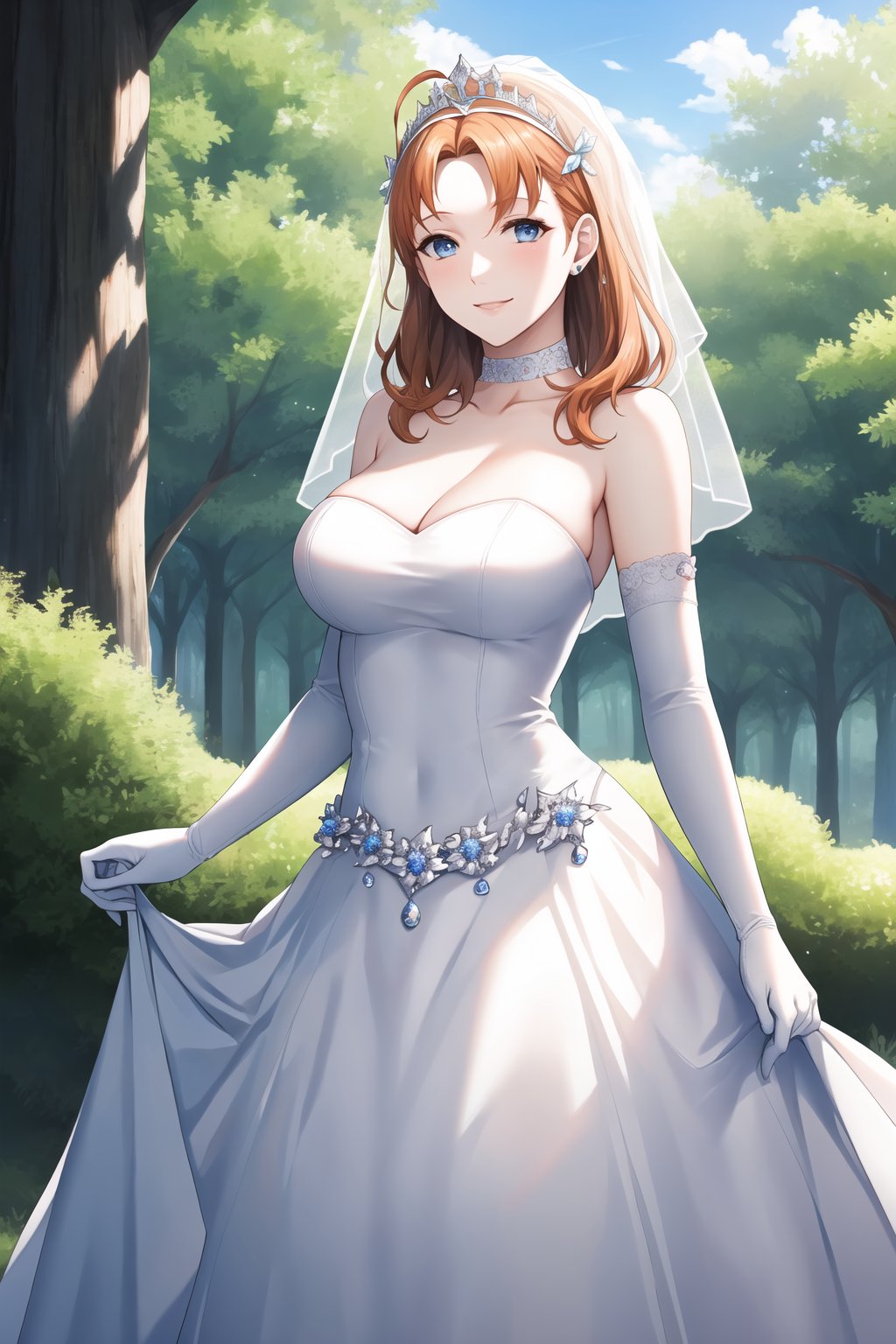 annette_war,hair between eyes, ahoge, orange_hair, star \(symbol\), hair ornament, dress, cleavage, bare shoulders, collarbone, long white elbow gloves, white gloves, white dress, white choker, strapless, tiara, veil, strapless dress, wedding dress, bridal veil, beautiful woman, perfect body, perfect breasts, wearing a wedding dress, ball gown, in the park trees, wedding decorations, a in love smile, realism, masterpiece, textured skin, super detail, high detail, high quality, best quality, 1080p, 16k,