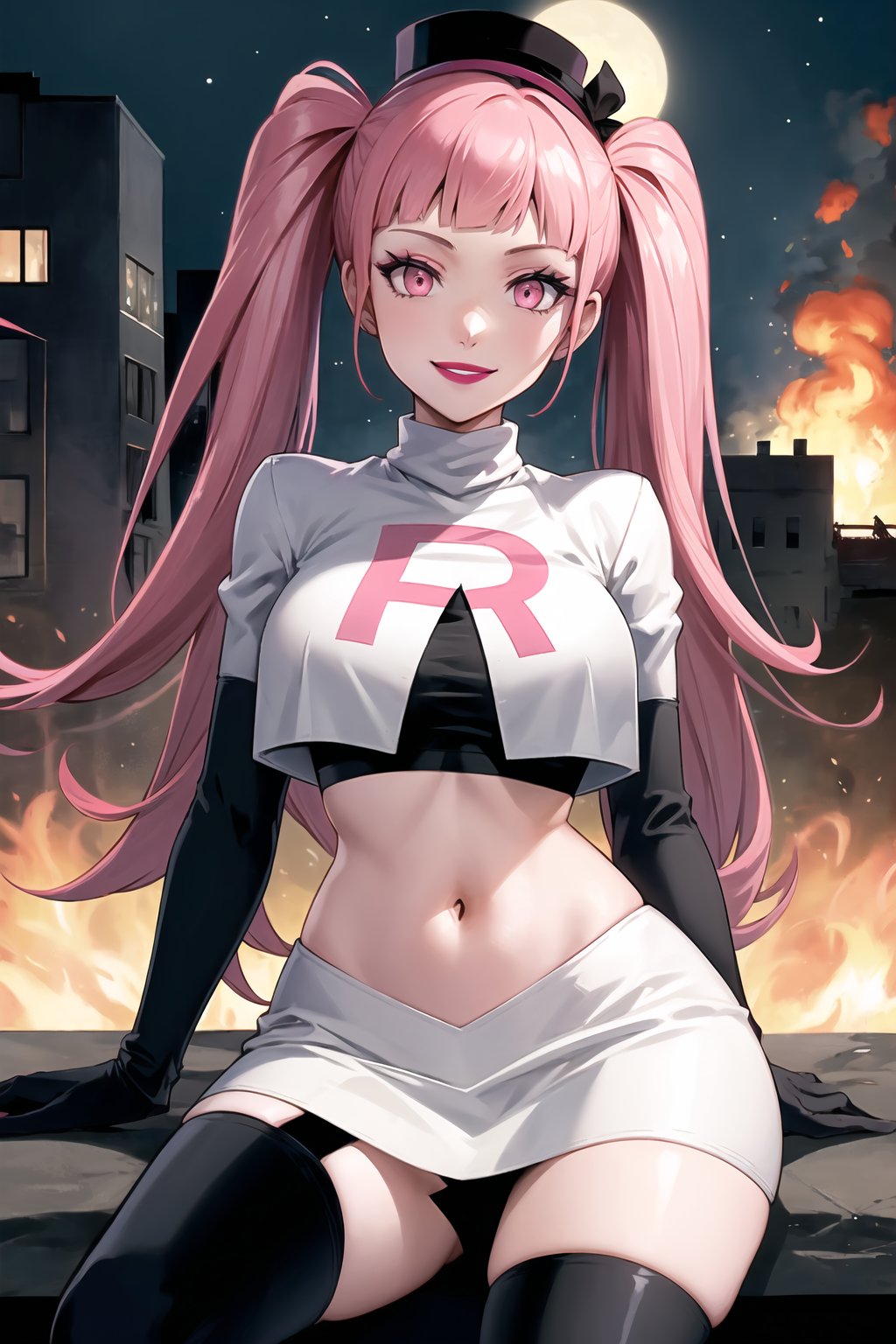 Team Rocket, cropped jacket, white jacket, crop top, jacket, gloves, black gloves, elbow gloves, navel, midriff, white skirt, miniskirt, skirt, black thighhigh boots,military_uniform,white_military_hat,looking at viewer, city, night, sky, (intricately detailed, hyperdetailed), burning building background,depth of field, best quality, masterpiece, intricate details, tonemapping, sharp focus, hyper detailed, trending on Artstation,1 girl, high res, official art,evil smile,purple_eyeshadow,pink_lipstick,crossed_legs_(sitting),hilda_valentine_goneril, pink hair, long hair, pink eyes, twintails, jewelry 