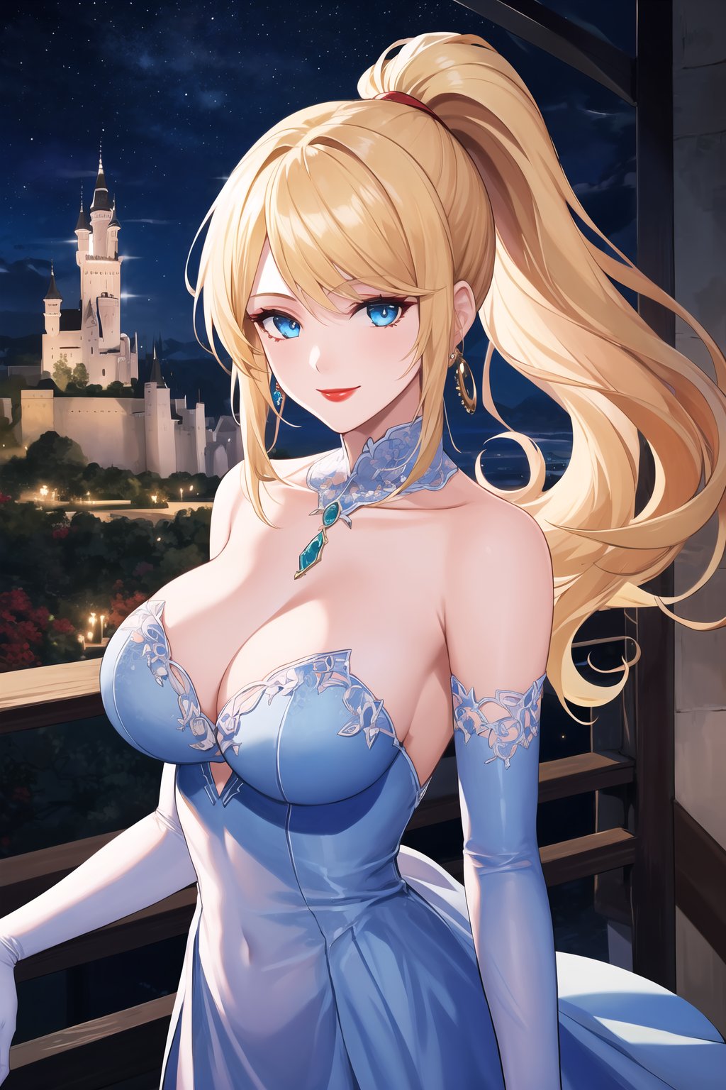 elbow gloves,white_gloves ,blue_dress,long_dress,strapless_dress,long white satin elbow gloves,looking at viewer,  asiática, night, sky, (intricately detailed, hyperdetailed), castle background,depth of field, best quality, masterpiece, intricate details, tonemapping, sharp focus, hyper detailed, trending on Artstation,1 girl, high res, official art,smile, jewelry, long hair, blonde hair, makeup,light_blue_eyes,samus aran,ponytail, hair tie,red_lipstick,purple_eyeshadow