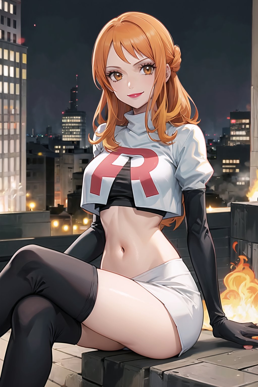 Team Rocket, cropped jacket, white jacket, crop top, jacket, gloves, black gloves, elbow gloves, navel, midriff, white skirt, miniskirt, skirt, black thighhigh boots,military_uniform,looking at viewer, city, night, sky, (intricately detailed, hyperdetailed), burning building background,depth of field, best quality, masterpiece, intricate details, tonemapping, sharp focus, hyper detailed, trending on Artstation,1 girl, high res, official art,evil smile,purple_eyeshadow,pink_lipstick,crossed_legs_(sitting),namipostn,orange_hair,brown_eyes,long_hair, nami_(one_piece),nami \(one piece\)