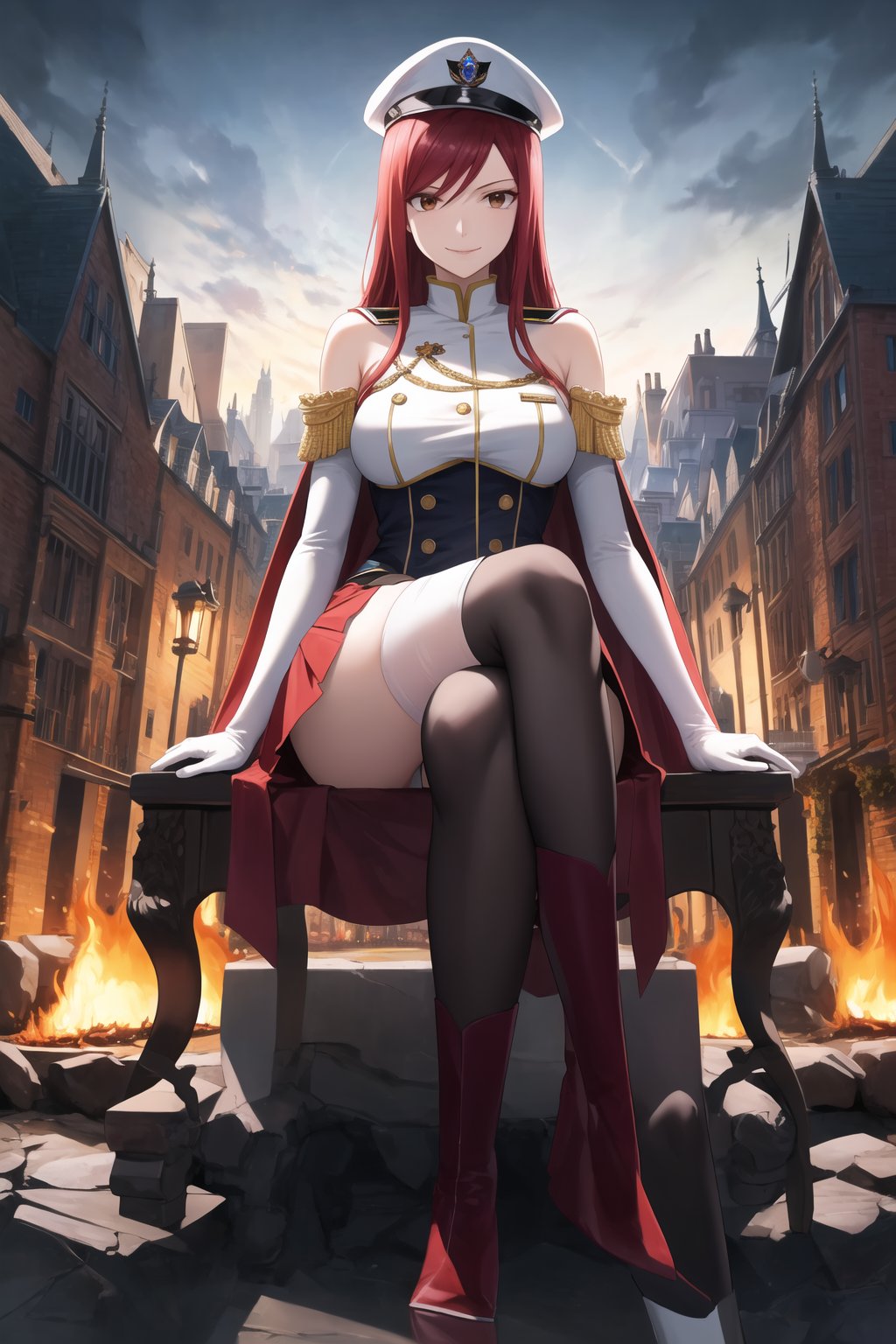 elbow gloves, white skirt, miniskirt, skirt, white_thighhigh_boots,military_uniform,military_hat,white_elbow_gloves,sleeveless ,no_sleeves,shoulder_cape,looking at viewer, city, night, sky, (intricately detailed, hyperdetailed), burning building background,depth of field, best quality, masterpiece, intricate details, tonemapping, sharp focus, hyper detailed, trending on Artstation,1 girl, high res, official art,evil smile,sitting_down,crossed_legs_(sitting),sitting_on_chair, jewelry,FAIRYTAIL_ERZA,red_hair,brown_eyes