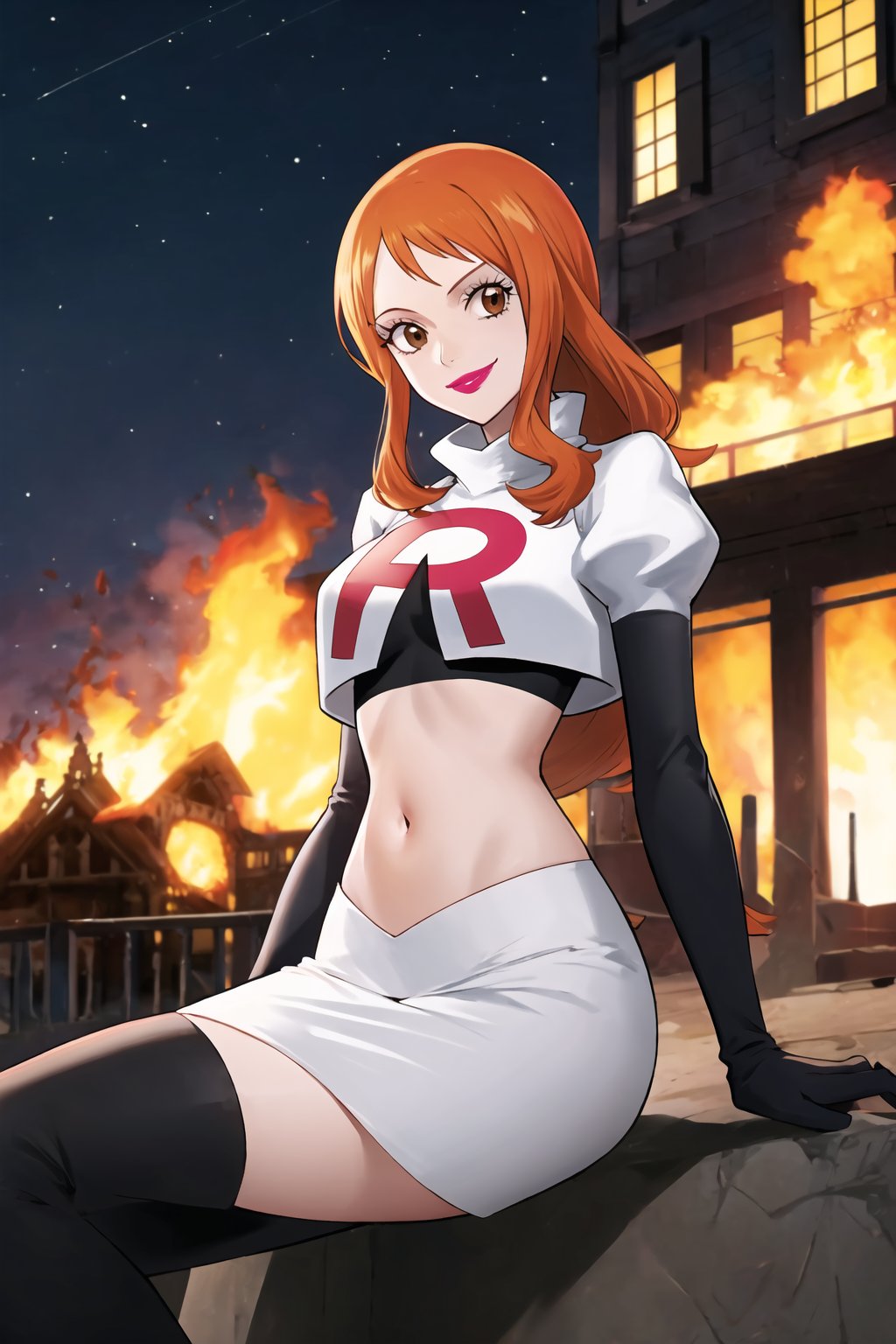 Team Rocket, cropped jacket, white jacket, crop top, jacket, gloves, black gloves, elbow gloves, navel, midriff, white skirt, miniskirt, skirt, black thighhigh boots,military_uniform,looking at viewer, city, night, sky, (intricately detailed, hyperdetailed), burning building background,depth of field, best quality, masterpiece, intricate details, tonemapping, sharp focus, hyper detailed, trending on Artstation,1 girl, high res, official art,evil smile,purple_eyeshadow,pink_lipstick,crossed_legs_(sitting),namipostn,orange_hair,brown_eyes,long_hair, nami_(one_piece)