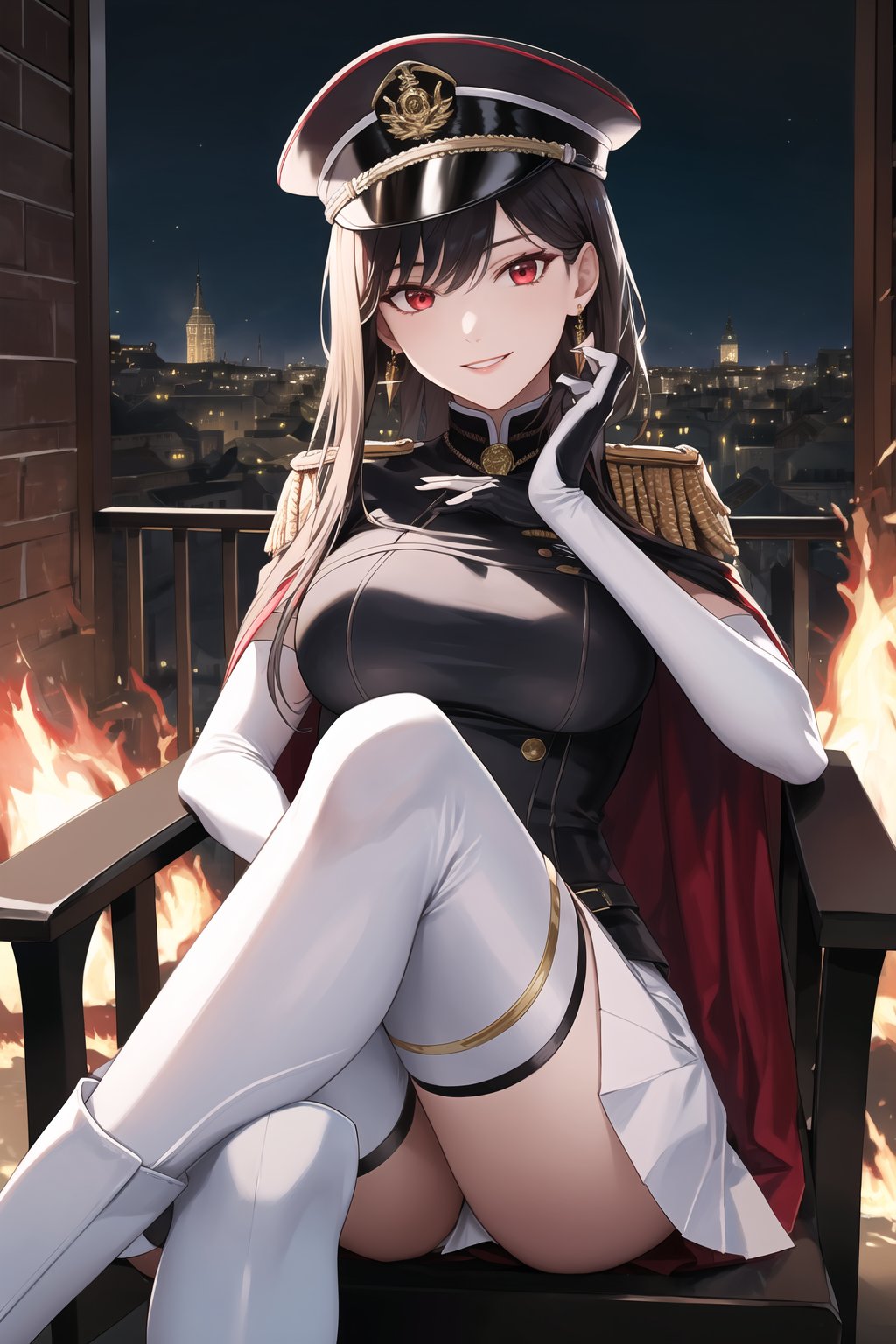 elbow gloves, white skirt, miniskirt, skirt, white_thighhigh_boots,military_uniform,military_hat,white_elbow_gloves,sleeveless ,no_sleeves,shoulder_cape,looking at viewer, city, night, sky, (intricately detailed, hyperdetailed), burning building background,depth of field, best quality, masterpiece, intricate details, tonemapping, sharp focus, hyper detailed, trending on Artstation,1 girl, high res, official art,evil smile,sitting_down,crossed_legs_(sitting),sitting_on_chair, jewelry,bbyorf, short hair with long locks, red eyes, gold earrings