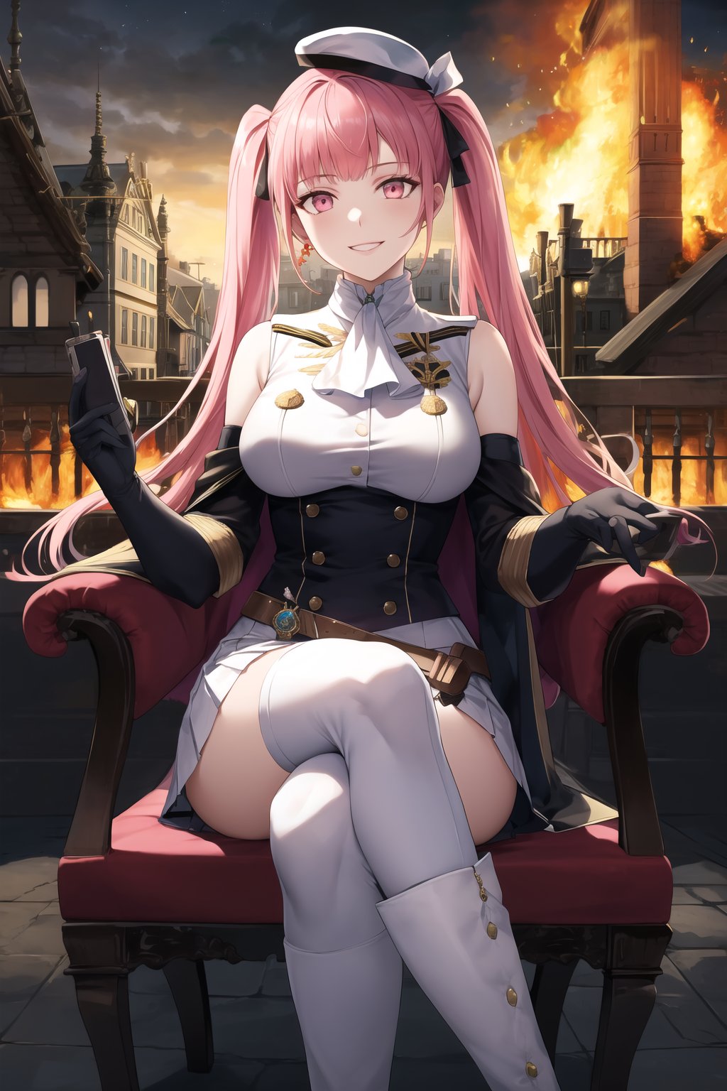 elbow gloves, white skirt, miniskirt, skirt, white_thighhigh_boots,military_uniform,military_hat,white_elbow_gloves,sleeveless ,no_sleeves,shoulder_cape,looking at viewer, city, night, sky, (intricately detailed, hyperdetailed), burning building background,depth of field, best quality, masterpiece, intricate details, tonemapping, sharp focus, hyper detailed, trending on Artstation,1 girl, high res, official art,evil smile,sitting_down,crossed_legs_(sitting),sitting_on_chair,hilda_valentine_goneril, pink hair, long hair, pink eyes, twintails, jewelry 