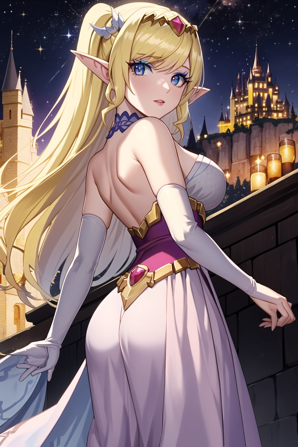 A stunning masterpiece of a scene set against the backdrop of a majestic Chinese-inspired castle at night. A lone figure, a blonde-haired beauty with pointed ears and striking light blue eyes, gazes directly at the viewer. She wears an intricately detailed long white dress and matching elbow gloves that sparkle like diamonds in the dimly lit atmosphere. Her hair flows down her back like a golden waterfall, and her makeup is expertly applied to accentuate her features. The sky above is a deep shade of indigo, with stars twinkling like diamonds scattered across the fabric of the universe. The depth of field is masterfully managed, with the subject sharply focused and the castle's turrets and towers fading into the background. This artwork exudes a sense of fantasy and wonder, as if plucked straight from the pages of a beloved fairy tale.