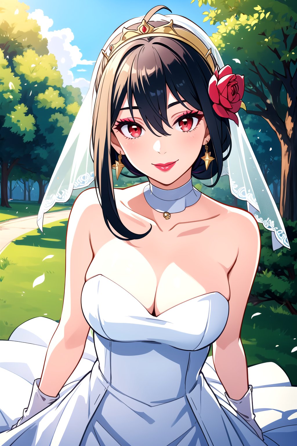 hair between eyes, ahoge, white_hair, star \(symbol\), hair ornament, dress, cleavage, bare shoulders, collarbone, long white elbow gloves, white gloves, white dress, white choker, strapless, tiara, veil, strapless dress, wedding dress, bridal veil, beautiful woman, perfect body, perfect breasts, wearing a wedding dress, ball gown,lipstick,makeup ,in the park trees, wedding decorations, a in love smile, realism, masterpiece, textured skin, super detail, high detail, high quality, best quality, 1080p, 16k,bbyorf, short hair with long locks, red eyes, gold earrings