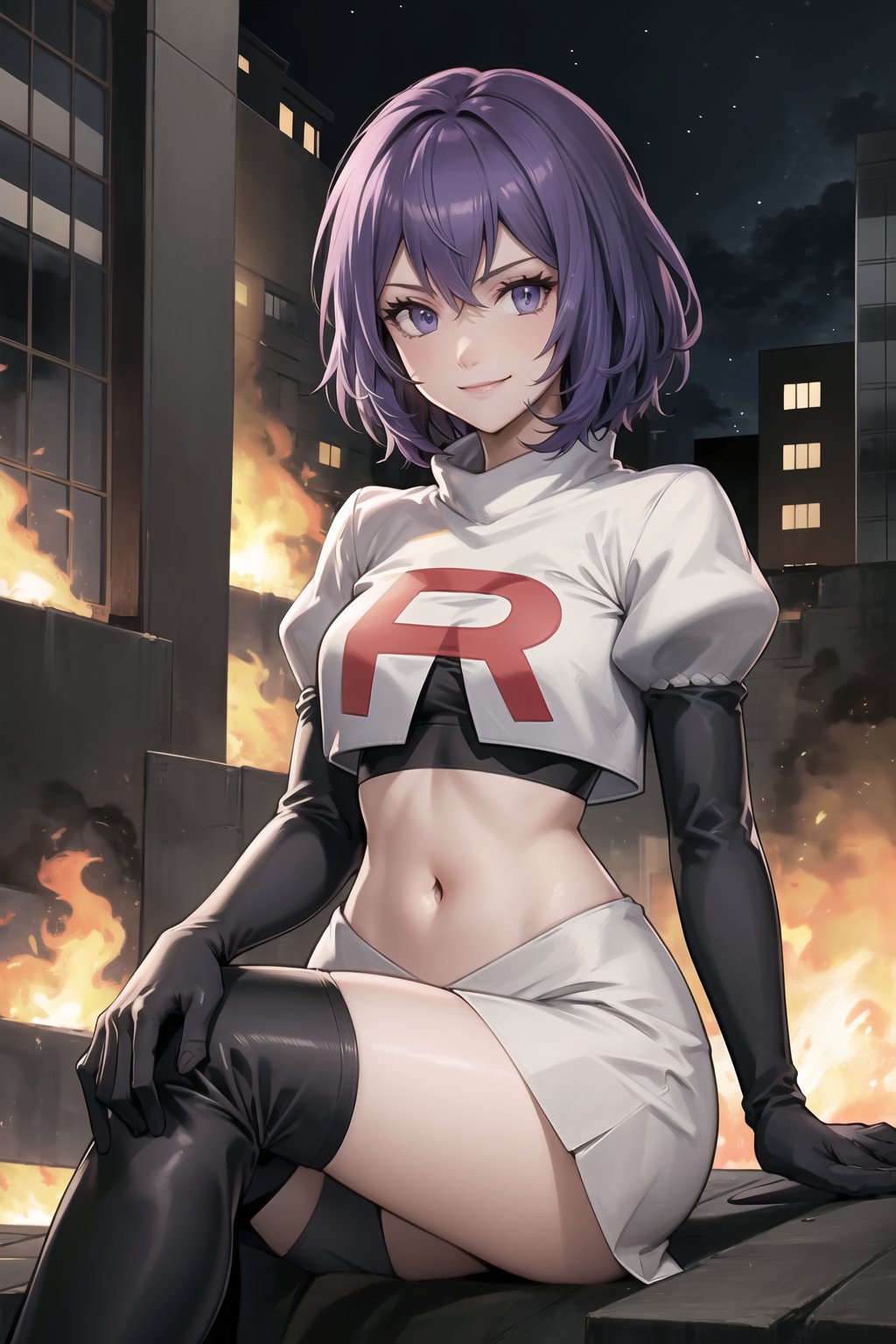 Team Rocket, cropped jacket, white jacket, crop top, jacket, gloves, black gloves, elbow gloves, navel, midriff, white skirt, miniskirt, skirt, black thighhigh boots,looking at viewer, city, night, sky, (intricately detailed, hyperdetailed), burning building background,depth of field, best quality, masterpiece, intricate details, tonemapping, sharp focus, hyper detailed, trending on Artstation,1 girl, high res, official art,evil smile,crossed_legs_(sitting),defBernie,purple_hair