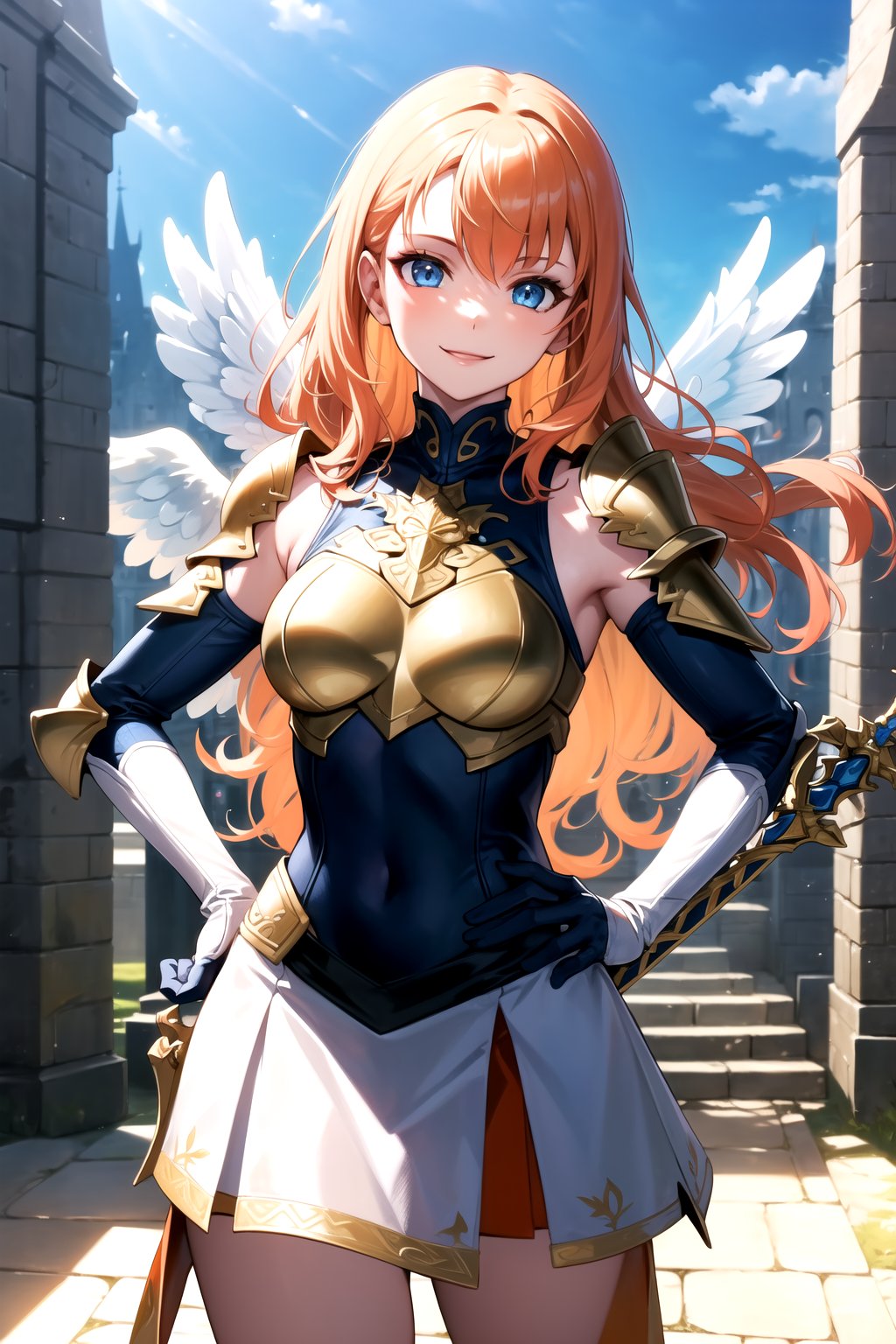 golden_armour,angel_wings,flying,holding_sword,shoulder_armour,Valkyare_armour,heroine,elbow gloves, white skirt,miniskirt, skirt,long white elbow gloves,sleeveless ,no_sleeves,looking at viewer, day sky, (intricately detailed, hyperdetailed), castle building background,depth of field, best quality, masterpiece, intricate details, tonemapping, sharp focus, hyper detailed, trending on Artstation,1 girl, high res, official art, smile,hands_on_hips,light_blue_eyes,warAnne, long hair, wavy hair,orange_hair