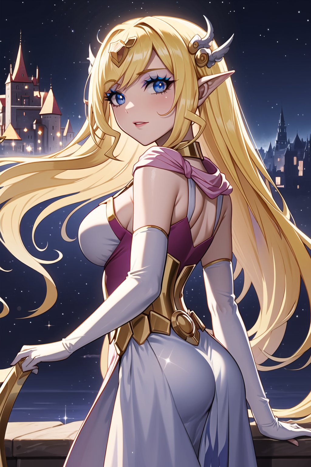 A stunning masterpiece of a scene set against the backdrop of a majestic Chinese-inspired castle at night. A lone figure, a blonde-haired beauty with pointed ears and striking light blue eyes, gazes directly at the viewer. She wears an intricately detailed long white dress and matching elbow gloves that sparkle like diamonds in the dimly lit atmosphere. Her hair flows down her back like a golden waterfall, and her makeup is expertly applied to accentuate her features. The sky above is a deep shade of indigo, with stars twinkling like diamonds scattered across the fabric of the universe. The depth of field is masterfully managed, with the subject sharply focused and the castle's turrets and towers fading into the background. This artwork exudes a sense of fantasy and wonder, as if plucked straight from the pages of a beloved fairy tale.