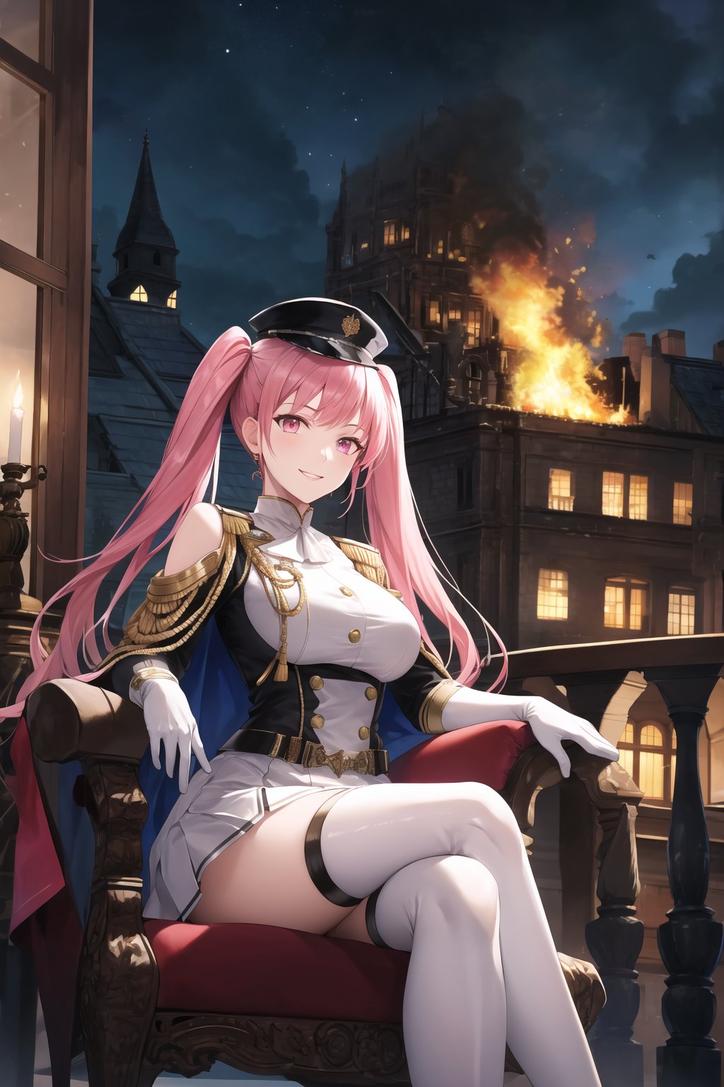 elbow gloves, white skirt, miniskirt, skirt, white_thighhigh_boots,military_uniform,military_hat,white_elbow_gloves,sleeveless ,no_sleeves,shoulder_cape,looking at viewer, city, night, sky, (intricately detailed, hyperdetailed), burning building background,depth of field, best quality, masterpiece, intricate details, tonemapping, sharp focus, hyper detailed, trending on Artstation,1 girl, high res, official art,evil smile,sitting_down,crossed_legs_(sitting),sitting_on_chair,hilda_valentine_goneril, pink hair, long hair, pink eyes, twintails, jewelry 