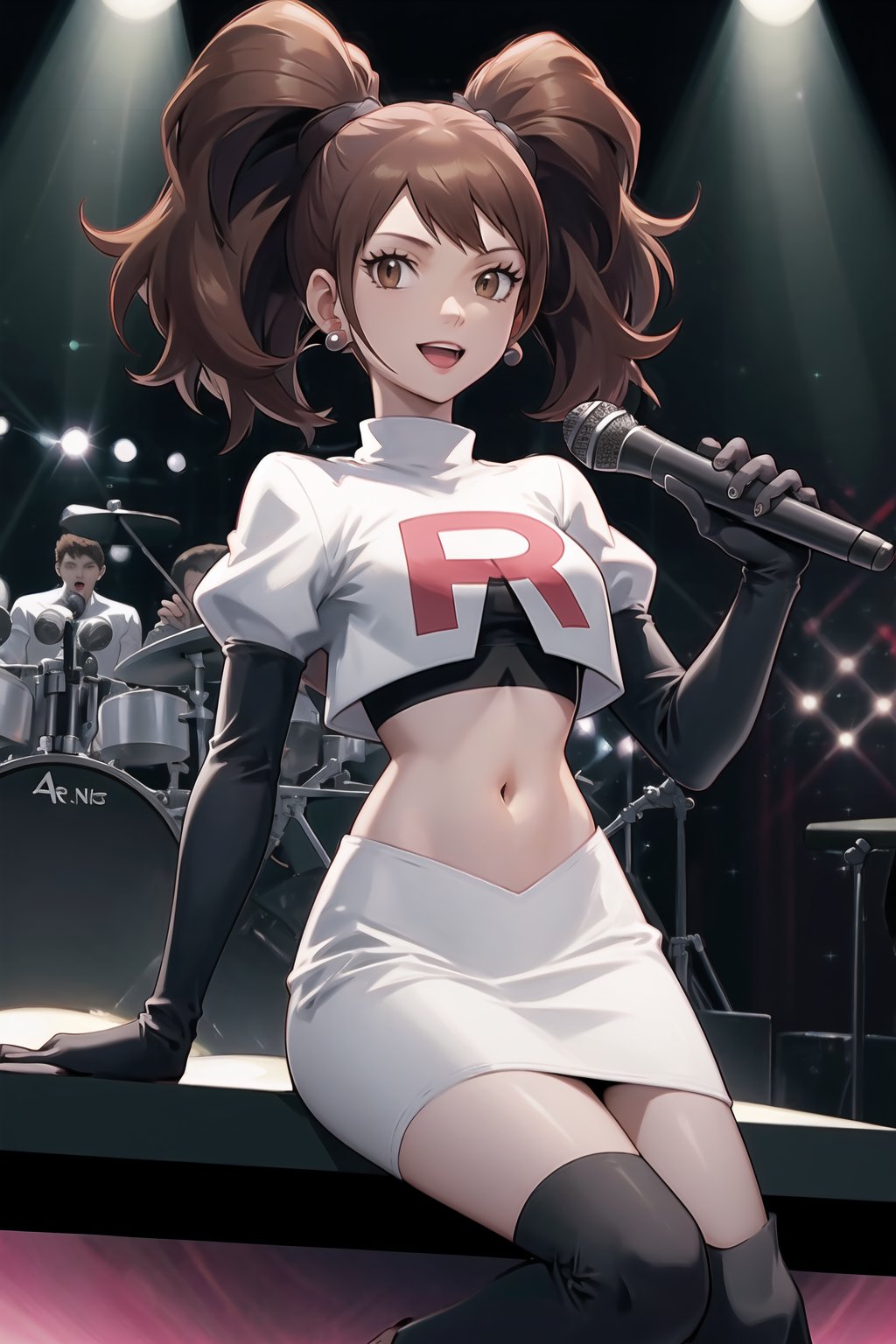 Team Rocket, cropped jacket, white jacket, crop top, jacket, gloves, black gloves, elbow gloves, navel, midriff, white skirt, miniskirt, skirt, black thighhigh boots,looking at viewer, (intricately detailed, hyperdetailed),holding_microphone,microphone,singing,on_stage,standing on stage ,concert background,depth of field, best quality, masterpiece, intricate details, tonemapping, sharp focus, hyper detailed, trending on Artstation,1 girl, high res, official art,evil smile,one hand on hip,crossed_legs_(sitting),kujikawarise,brown_hair,brown_eyes,twintails,blue_earrings