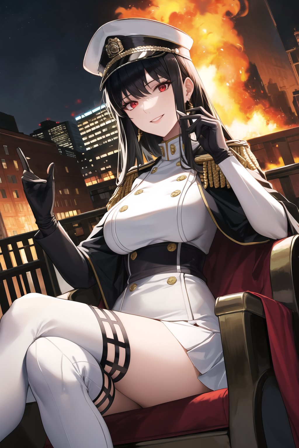 elbow gloves, white skirt, miniskirt, skirt, white_thighhigh_boots,military_uniform,military_hat,white_elbow_gloves,sleeveless ,no_sleeves,shoulder_cape,looking at viewer, city, night, sky, (intricately detailed, hyperdetailed), burning building background,depth of field, best quality, masterpiece, intricate details, tonemapping, sharp focus, hyper detailed, trending on Artstation,1 girl, high res, official art,evil smile,sitting_down,crossed_legs_(sitting),sitting_on_chair, jewelry,bbyorf, short hair with long locks, red eyes, gold earrings