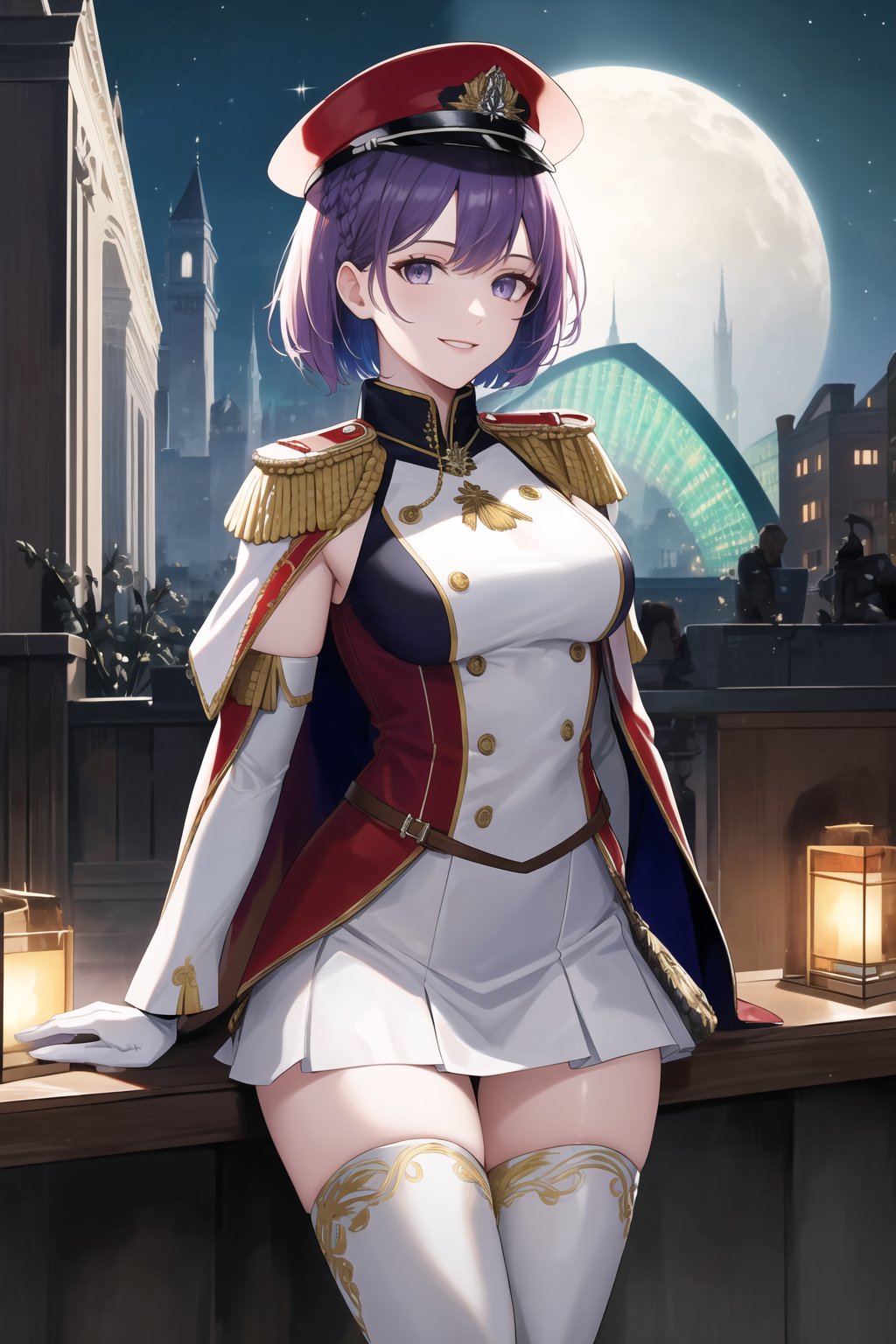 elbow gloves, white skirt, miniskirt, skirt, black thighhigh boots,white_gloves,white_military_uniform,white_military_hat,long white elbow gloves,sleeveless ,no_sleeves,shoulder_cape,looking at viewer, city, night, sky, (intricately detailed, hyperdetailed), frozen building background,depth of field, best quality, masterpiece, intricate details, tonemapping, sharp focus, hyper detailed, trending on Artstation,1 girl, high res, official art,evil smile,grey_eyes,purple-hair,short_hair,warBernie