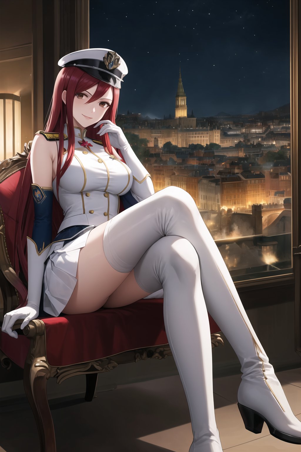 elbow gloves, white skirt, miniskirt, skirt, white_thighhigh_boots,military_uniform,military_hat,white_elbow_gloves,sleeveless ,no_sleeves,shoulder_cape,looking at viewer, city, night, sky, (intricately detailed, hyperdetailed), burning building background,depth of field, best quality, masterpiece, intricate details, tonemapping, sharp focus, hyper detailed, trending on Artstation,1 girl, high res, official art,evil smile,sitting_down,crossed_legs_(sitting),sitting_on_chair, jewelry,FAIRYTAIL_ERZA,red_hair,brown_eyes