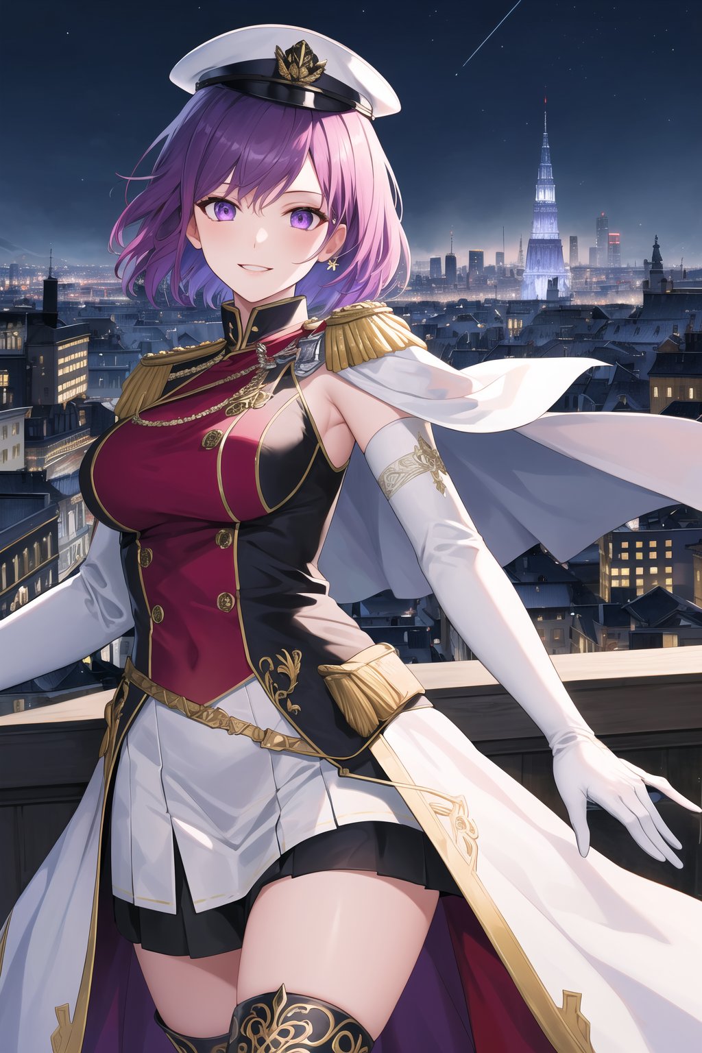 elbow gloves, white skirt, miniskirt, skirt, black thighhigh boots,white_gloves,white_military_uniform,white_military_hat,long white elbow gloves,sleeveless ,no_sleeves,shoulder_cape,looking at viewer, city, night, sky, (intricately detailed, hyperdetailed), frozen building background,depth of field, best quality, masterpiece, intricate details, tonemapping, sharp focus, hyper detailed, trending on Artstation,1 girl, high res, official art,evil smile,purple_eyes,purple-hair,defBernie,short_hair