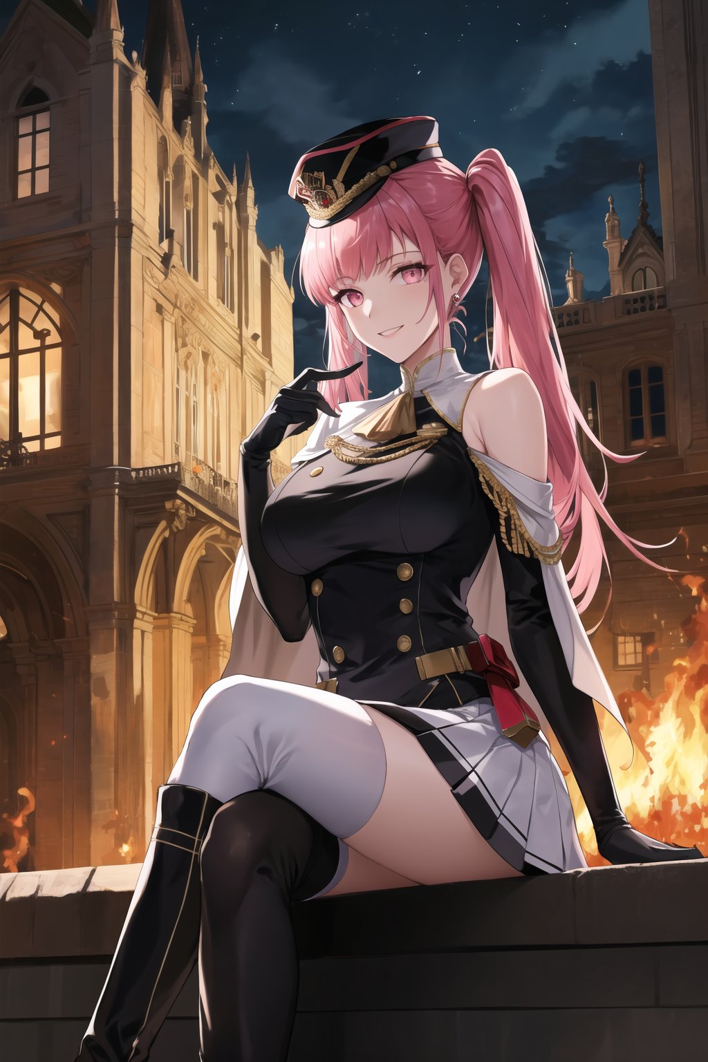 elbow gloves, white skirt, miniskirt, skirt, white_thighhigh_boots,military_uniform,military_hat,white_elbow_gloves,sleeveless ,no_sleeves,shoulder_cape,looking at viewer, city, night, sky, (intricately detailed, hyperdetailed), burning building background,depth of field, best quality, masterpiece, intricate details, tonemapping, sharp focus, hyper detailed, trending on Artstation,1 girl, high res, official art,evil smile,sitting_down,crossed_legs_(sitting),sitting_on_chair,hilda_valentine_goneril, pink hair, long hair, pink eyes, twintails, jewelry 