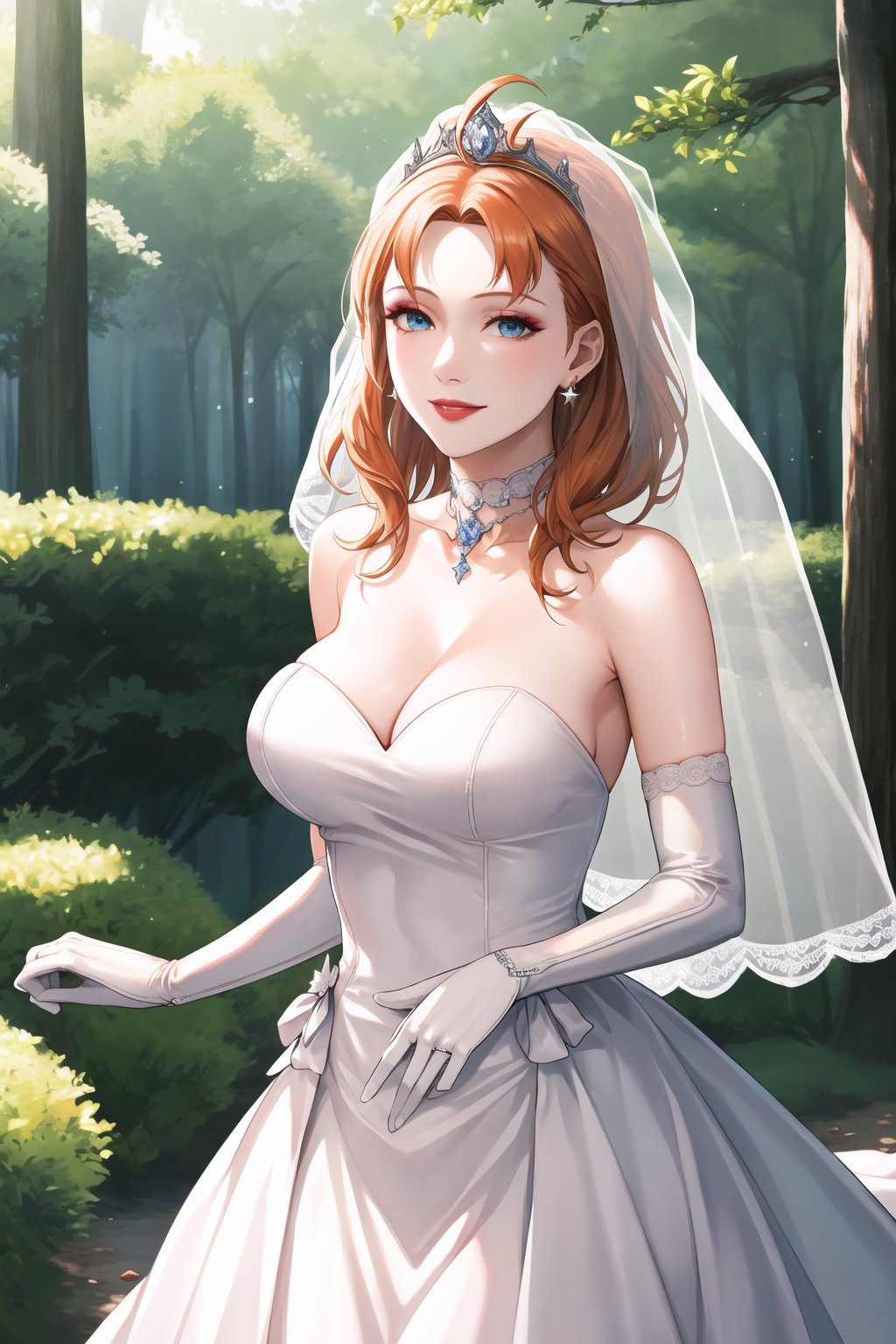 annette_war,hair between eyes, ahoge, orange_hair, star \(symbol\), hair ornament, dress, cleavage, bare shoulders, collarbone, long white elbow gloves, white gloves, white dress, white choker, strapless, tiara, veil, strapless dress, wedding dress, bridal veil, beautiful woman, perfect body, perfect breasts, wearing a wedding dress, ball gown,lipstick,makeup ,in the park trees, wedding decorations, a in love smile, realism, masterpiece, textured skin, super detail, high detail, high quality, best quality, 1080p, 16k,