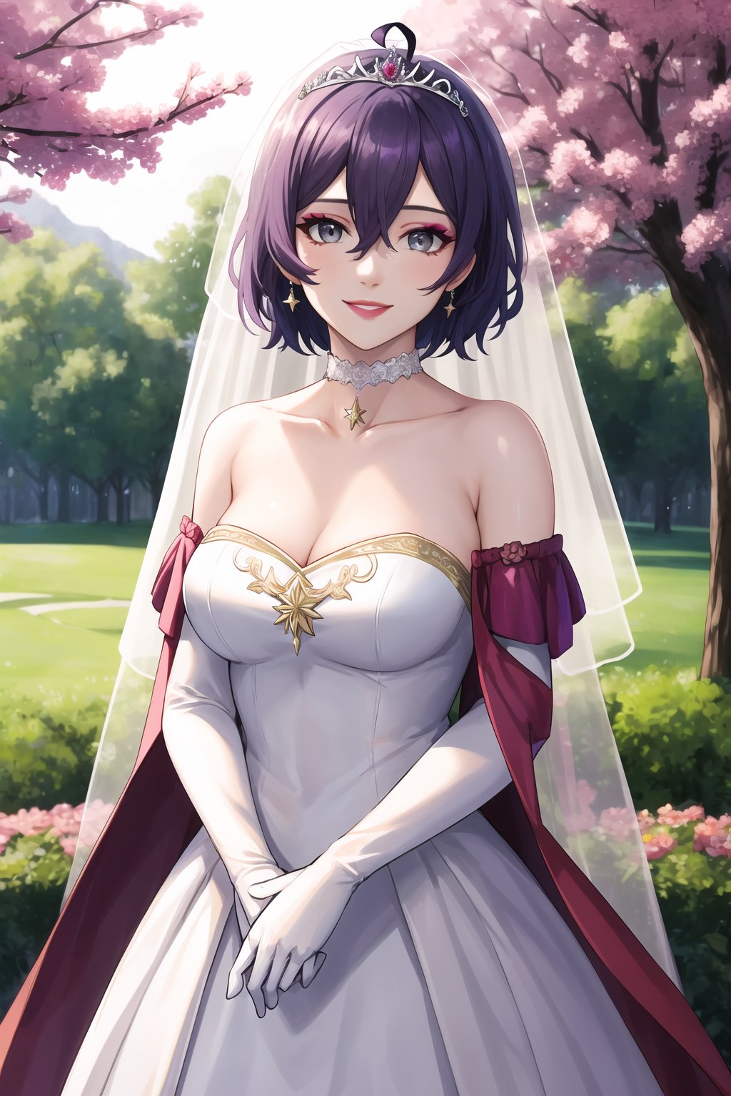 ,grey_eyes,purple-hair,short_hair,warBernie,hair between eyes, ahoge, star \(symbol\), hair ornament, dress, cleavage, bare shoulders, collarbone, long white elbow gloves, white gloves, white dress, white choker, strapless, tiara, veil, strapless dress, wedding dress, bridal veil, beautiful woman, perfect body, perfect breasts, wearing a wedding dress, ball gown,lipstick,makeup ,in the park trees, wedding decorations, a in love smile, realism, masterpiece, textured skin, super detail, high detail, high quality, best quality, 1080p, 16k,