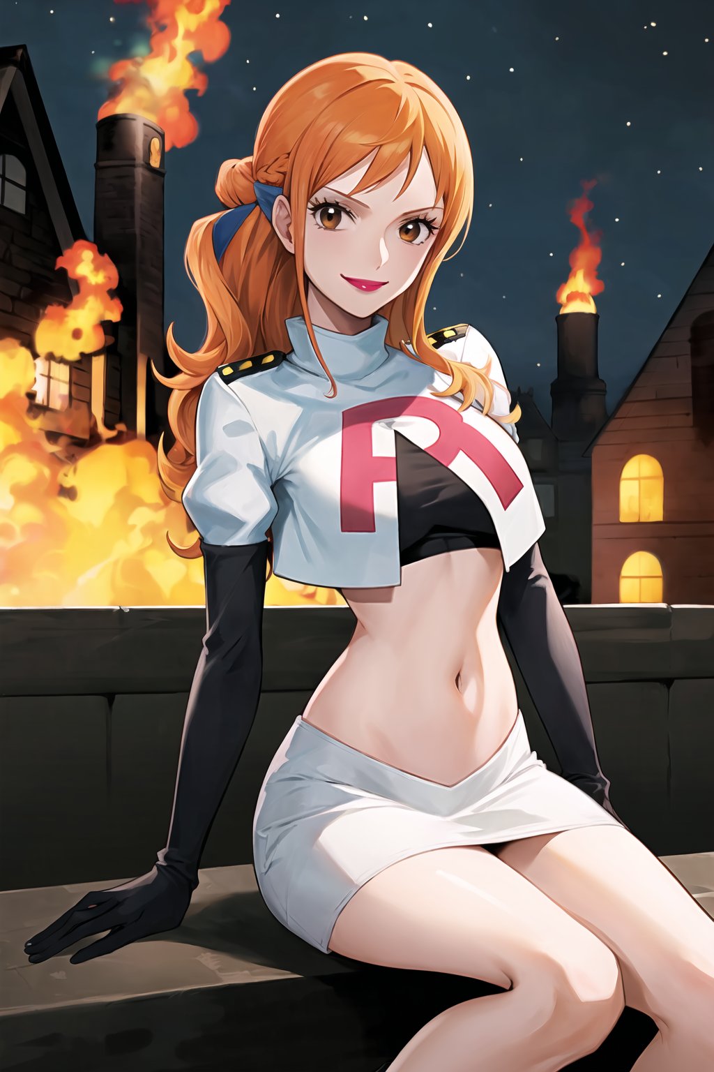 Team Rocket, cropped jacket, white jacket, crop top, jacket, gloves, black gloves, elbow gloves, navel, midriff, white skirt, miniskirt, skirt, black thighhigh boots,military_uniform,looking at viewer, city, night, sky, (intricately detailed, hyperdetailed), burning building background,depth of field, best quality, masterpiece, intricate details, tonemapping, sharp focus, hyper detailed, trending on Artstation,1 girl, high res, official art,evil smile,purple_eyeshadow,pink_lipstick,crossed_legs_(sitting),namipostn,orange_hair,brown_eyes,long_hair, nami_(one_piece),nami \(one piece\)