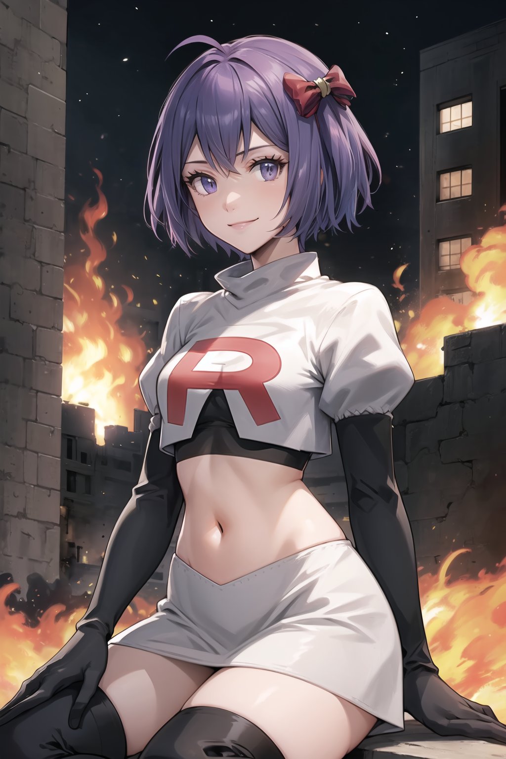 Team Rocket, cropped jacket, white jacket, crop top, jacket, gloves, black gloves, elbow gloves, navel, midriff, white skirt, miniskirt, skirt, black thighhigh boots,looking at viewer, city, night, sky, (intricately detailed, hyperdetailed), burning building background,depth of field, best quality, masterpiece, intricate details, tonemapping, sharp focus, hyper detailed, trending on Artstation,1 girl, high res, official art,evil smile,crossed_legs_(sitting),warBernie,purple_hair, hair bow