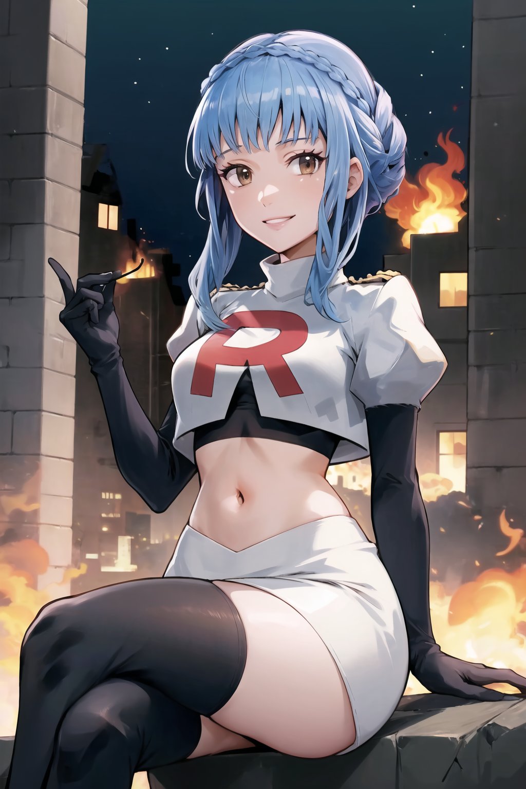 Team Rocket, cropped jacket, white jacket, crop top, jacket, gloves, black gloves, elbow gloves, navel, midriff, white skirt, miniskirt, skirt, black thighhigh boots,military_uniform,looking at viewer, city, night, sky, (intricately detailed, hyperdetailed), burning building background,depth of field, best quality, masterpiece, intricate details, tonemapping, sharp focus, hyper detailed, trending on Artstation,1 girl, high res, official art,evil smile,crossed_legs_(sitting),marianneuniform, crown braid,blue_hair,brown_eyes