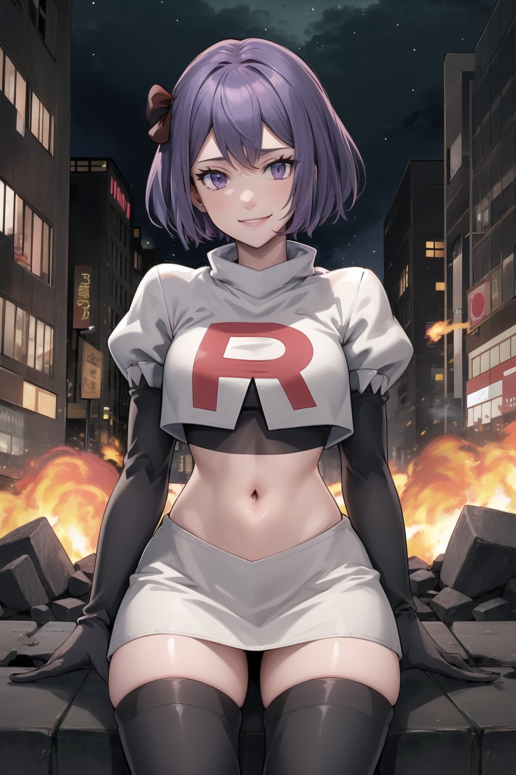 Team Rocket, cropped jacket, white jacket, crop top, jacket, gloves, black gloves, elbow gloves, navel, midriff, white skirt, miniskirt, skirt, black thighhigh boots,looking at viewer, city, night, sky, (intricately detailed, hyperdetailed), burning building background,depth of field, best quality, masterpiece, intricate details, tonemapping, sharp focus, hyper detailed, trending on Artstation,1 girl, high res, official art,evil smile,crossed_legs_(sitting),warBernie,purple_hair, hair bow