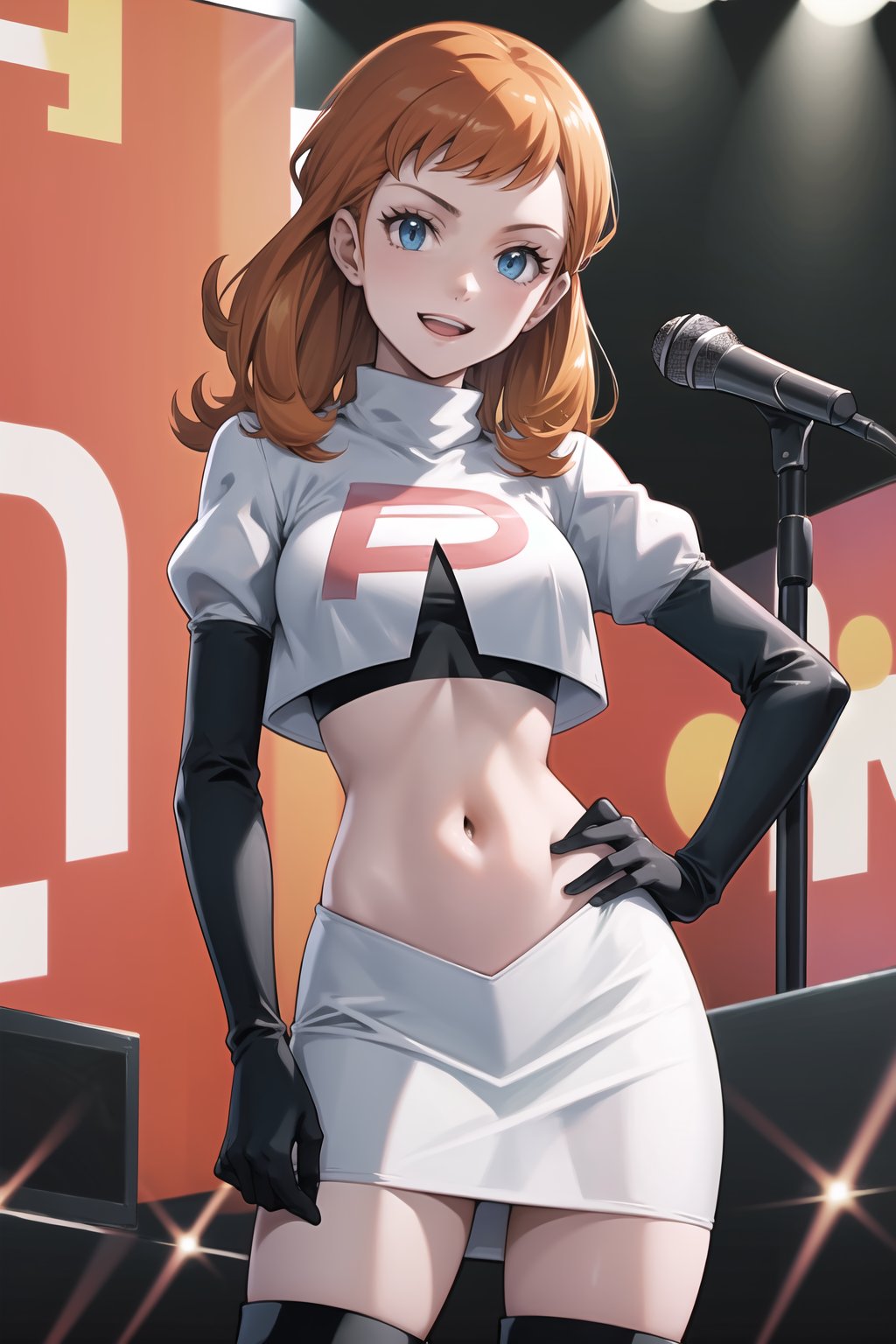 Team Rocket, cropped jacket, white jacket, crop top, jacket, gloves, black gloves, elbow gloves, navel, midriff, white skirt, miniskirt, skirt, black thighhigh boots,looking at viewer, (intricately detailed, hyperdetailed),holding_microphone,microphone,singing,on_stage,standing on stage ,concert background,depth of field, best quality, masterpiece, intricate details, tonemapping, sharp focus, hyper detailed, trending on Artstation,1 girl, high res, official art,evil smile,one hand on hip, annette_war,orange_hair,long_hair