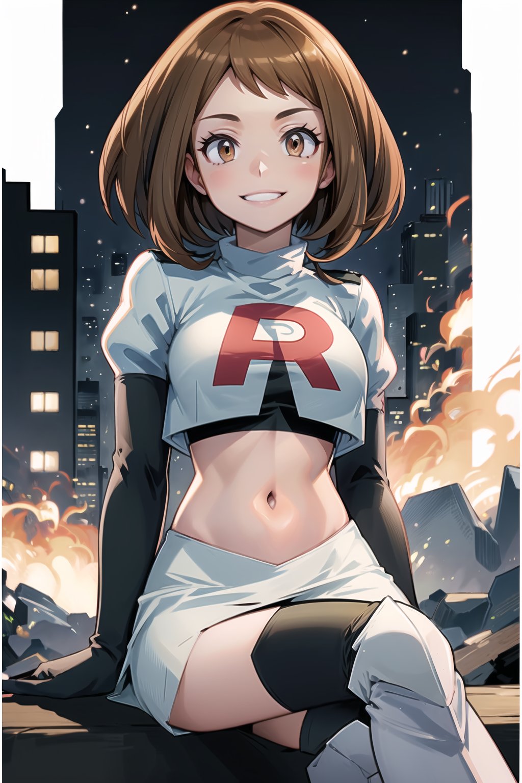 Team Rocket, cropped jacket, white jacket, crop top, jacket, gloves, black gloves, elbow gloves, navel, midriff, white skirt, miniskirt, skirt, black thighhigh boots,military_uniform,looking at viewer, city, night, sky, (intricately detailed, hyperdetailed), burning building background,depth of field, best quality, masterpiece, intricate details, tonemapping, sharp focus, hyper detailed, trending on Artstation,1 girl, high res, official art,evil smile,crossed_legs_(sitting),hmochako, short hair,brown_hair,brown_eyes