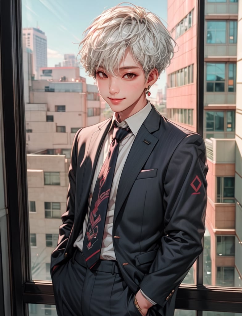 1kpop boy with tatoos, thin body, white hair, cute smile, fade cut hair, business suit, jacket, white shirt, necktie, pants, best quality, hires, detailed face, office, buildings from window, detailed background, diffused sunlight, depth of field, bokeh, photographic shot