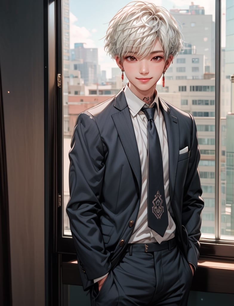 1kpop boy with tatoos, thin body, white hair, cute smile, fade cut hair, business suit, jacket, white shirt, necktie, pants, best quality, hires, detailed face, office, buildings from window, detailed background, diffused sunlight, depth of field, bokeh, photographic shot