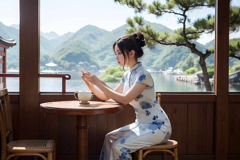 During the Republic of China, girls sat on wooden chairs in teahouses and drank tea from a set of blue and white porcelain teacups. While listening to a lady wearing a cheongsam playing the pipa next to her, there was a lady also wearing a white cheongsam playing. wooden flute,full body,perfect,多人