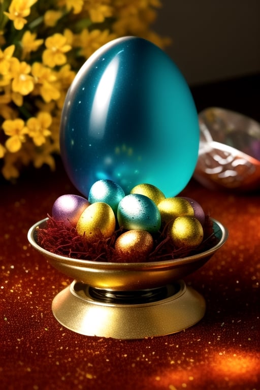 Easter eggs, Easter eggs, crystal eggs, autumn, fontaines in sologne, super detailed, background glare emanating from the body, body red base,Branded Warrior, Overlord's Egg