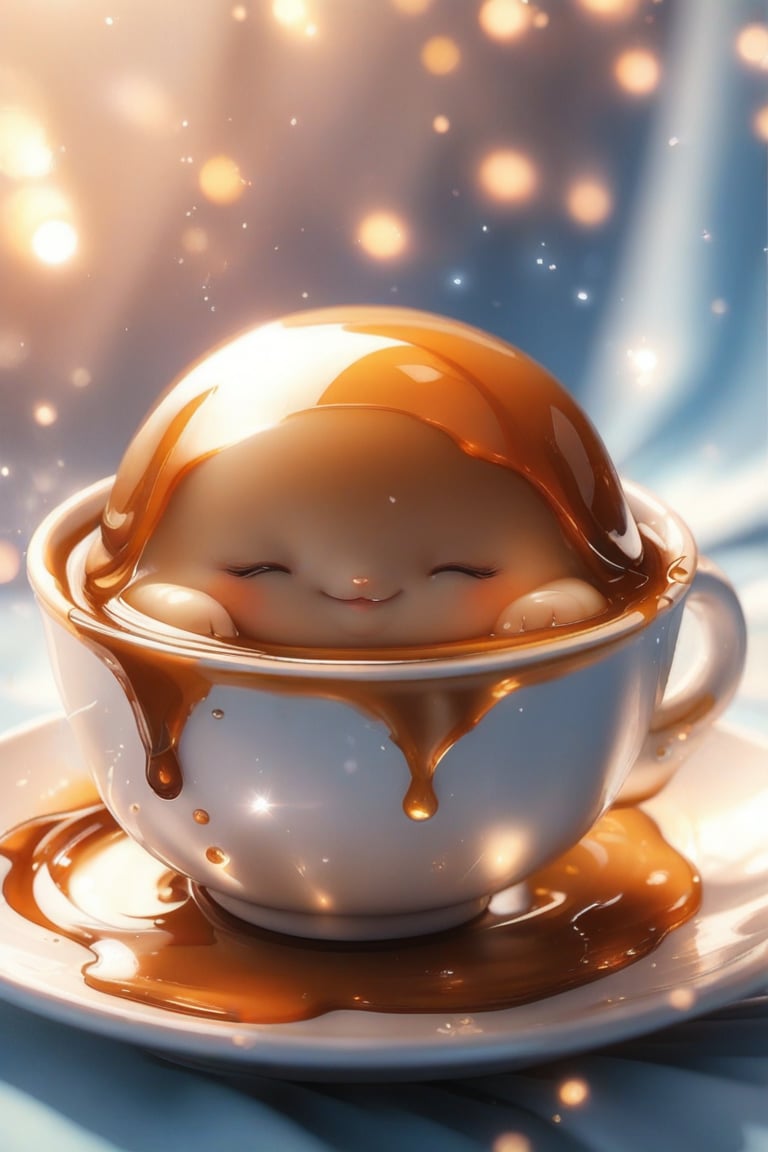 Cute little pudding, very comfortable to lie down and sleep in, cup shape, with melted caramel, semi-liquid flow down