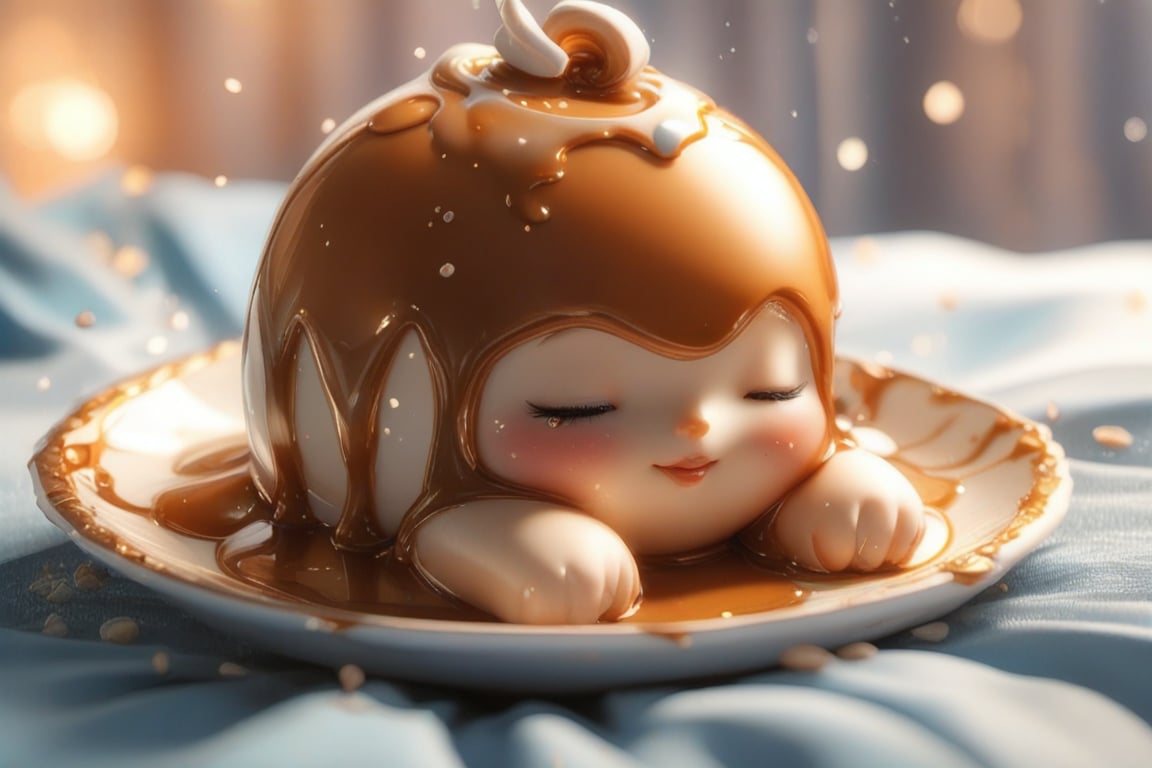 Cute little pudding, very comfortable to lie down and sleep in, cup shape, with melted caramel, semi-liquid flow down