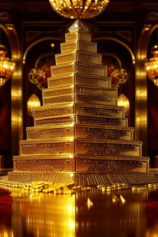 A towering pile of gleaming gold coins and bars, with soft, warm lighting reflecting off their shiny surfaces. The scene is set in a grand, opulent room with luxurious decor and rich textures. The composition captures the height and volume of the pile, with a few coins spilling over the edges, creating a sense of abundance and wealth. The background is slightly blurred, focusing attention on the radiant gold.