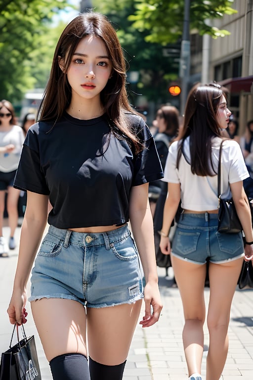 long hair, breasts, looking at viewer, smile, blue eyes, multiple girls, shirt, black hair, thighhighs, holding, medium breasts, standing, white shirt, short sleeves, outdoors, shorts, water, bag, lips, black shirt, short shorts, 4girls, makeup, night, arms behind back, denim, t-shirt, reflection, walking, blue shorts, denim shorts, realistic, red lips, holding bag, shopping bag, plastic bag