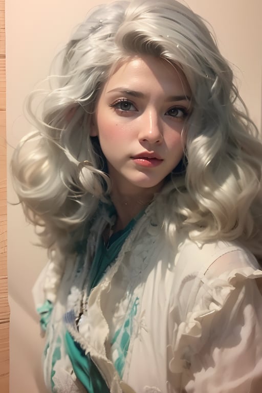 1girl, solo, upper body, grey hair, lips, traditional media, realistic