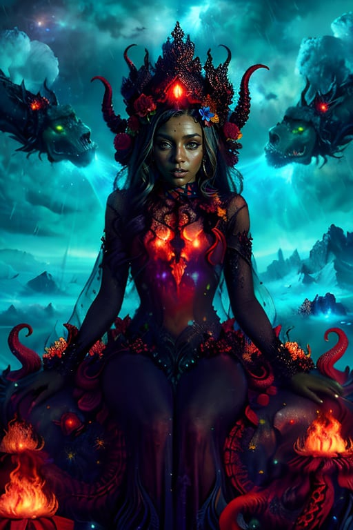 A plump girl lay lazily on a throne made of tentacles. She supported her head on one hand, her eyes half-closed. Fluorescent green eyes sparkled in the darkness, contrasting sharply with her all-black skin and the streaks radiating from her body. Her body is translucent, revealing the glow of a huge red core on her chest. The internal forces are constantly splitting and merging, releasing powerful destructive power. Azathoth.

Surrounded by countless invisible dancers, they play invisible flutes to an unsettling monotony. These chaotic voices are trying to maintain Azathoth's calm.

It all takes place against a turbulent backdrop: volcanic eruptions, thunder and blizzards combine to create a scene that is both chaotic and mysterious.