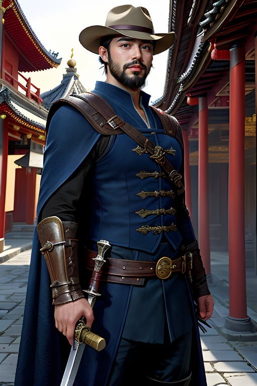 solo, 1boy, hat, weapon, male focus, sword, cape, facial hair, beard, mustache, architecture, east asian architecture