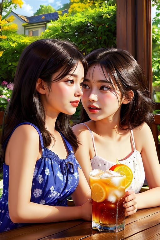 2 girls, looking at each other, smiling, dark hair, girl next door, full_body, drinking butterfly pea flower drinks and Cold beer with lots of ice cubes in a beverage shop, a dining table, better hands, with a sunny garden outside the window in the background