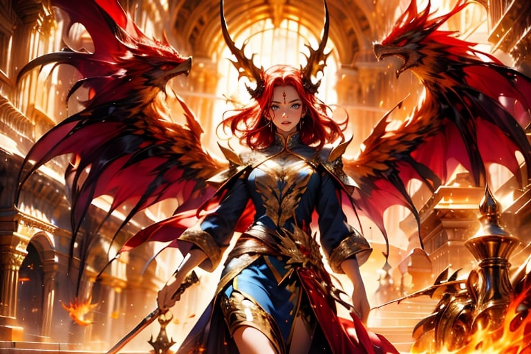 solo, 1girl, phoenix tail, weapon, female focus, phoenix wings, horns, fire, magic circle, red phoenix