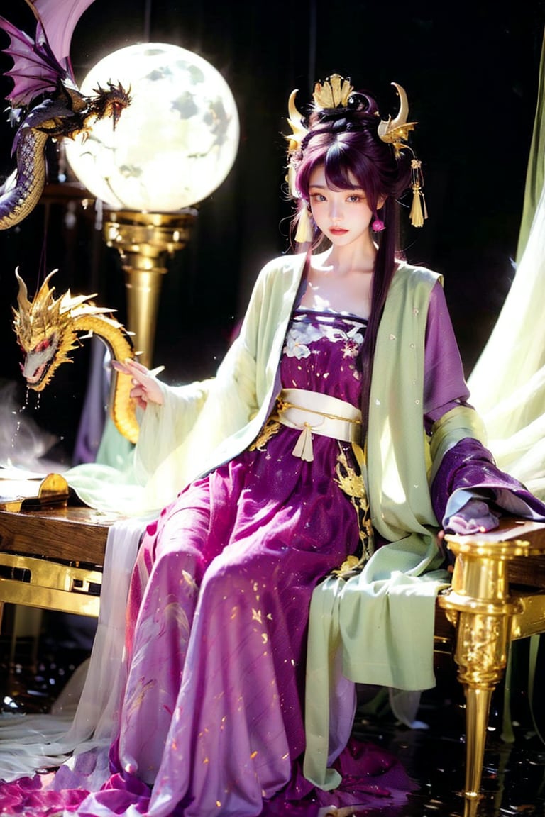 1 girl, long hair, black hair, Qing Dynasty aristocratic female hair accessories are very gorgeous, covered with various gems and gold, sitting on a dragon chair, dragon, dragon tail, scales, behind there is a purple oriental dragon, huge dragon wings , black dragon horns, sharp claws, grasping this purple-light night pearl, red sky, black clouds, gorgeous red background, with gold-rimmed embroidered phoenix Hanfu, long sleeves with black water on the cuffs, the moon, a palace full of flames, buildings, East Asian Architecture Forbidden City, Oriental Dragon, Empress Dowager Cixi, purple eyes, luminous pearls on the palm covered with purple flames, surrounded by a large number of golden jewels, the whole body is filled with purple evil spirit, nodf_lora
(Long straight purple hair, with bangs), (obviously purple eyes)