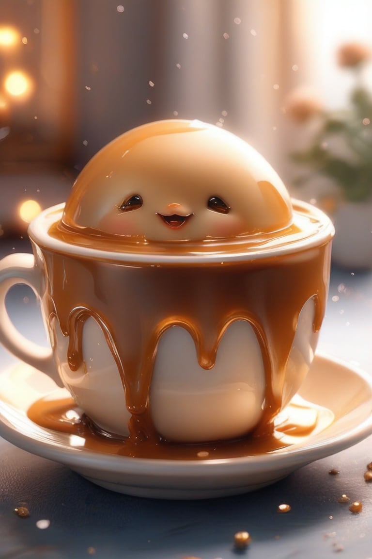 Cute little pudding, very comfortable to lie down and sleep in, cup shape, with melted caramel, semi-liquid flow down