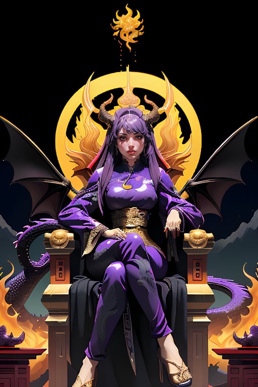 1 girl, long hair, black hair, Qing Dynasty aristocratic female hair accessories are very gorgeous, covered with various gems and gold, sitting on a dragon chair, dragon, dragon tail, scales, behind there is a purple oriental dragon, huge Dragon wings, black dragon horns, sharp claws, grasping this purple luminous night pearl, red sky, black clouds, gorgeous red background, matching gold silk embroidered phoenix Hanfu, black water long sleeves at the cuffs, the moon, the palace is full of flames, Buildings, East Asian Architecture Forbidden City, Eastern Dragon, Empress Dowager Cixi, purple eyes, luminous pearls on the palms filled with purple flames, surrounded by a large number of golden jewels, the whole body is filled with purple evil spirit, nodf_lora
(Long straight purple hair with bangs), (obviously purple eyes)
Use 3D cartoon representation