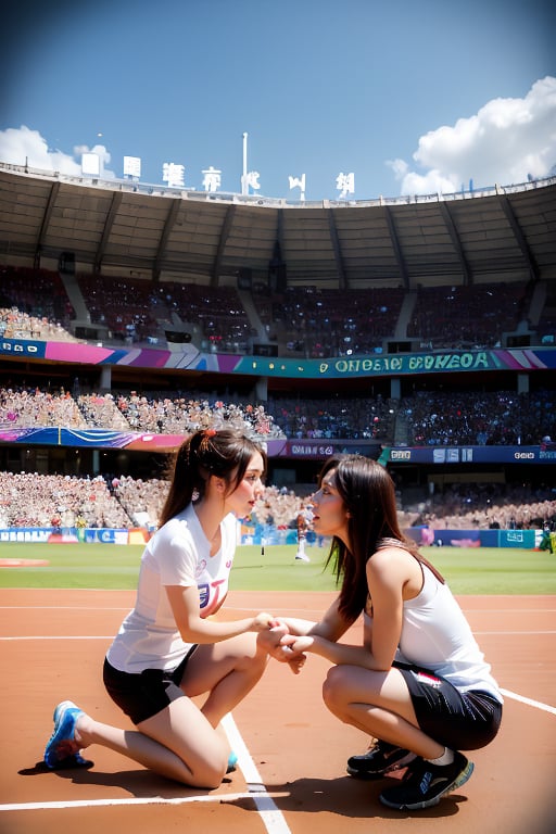 The winning moments of the Paris Badminton Doubles 2024. In the background is a standing ovation from the stadium crowd. (Audience with blurred background) (Badminton court theme) The 2024 Olympic Games logo is hung on the wall. The two of them held badminton rackets tightly in their hands. Kneel down on your knees and look up to the sky and shout. Chinese Taipei Olympic flag flutters. Touching moment.