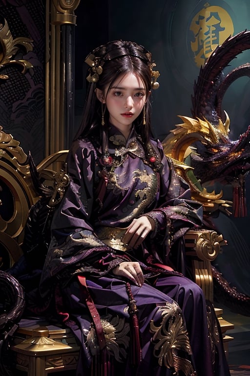 1 girl, long hair, purple hair, Qing Dynasty aristocratic female hair accessories are very gorgeous, covered with various gems and gold, sitting on a dragon chair, dragon, dragon tail, scales, behind there is a purple oriental dragon, huge dragon wings , black dragon horns, sharp claws, grasping this purple-light night pearl, red sky, black clouds, gorgeous red background, with gold-rimmed embroidered phoenix Hanfu, long sleeves with black water on the cuffs, the moon, a palace full of flames, buildings, East Asian Architecture Forbidden City, Oriental Dragon, Empress Dowager Cixi, purple eyes, luminous pearls on the palm covered with purple flames, surrounded by a large number of golden jewels, the whole body is filled with purple evil spirit, nodf_lora
(Long straight purple and black hair, with bangs), (obviously purple eyes)
,清朝,多人