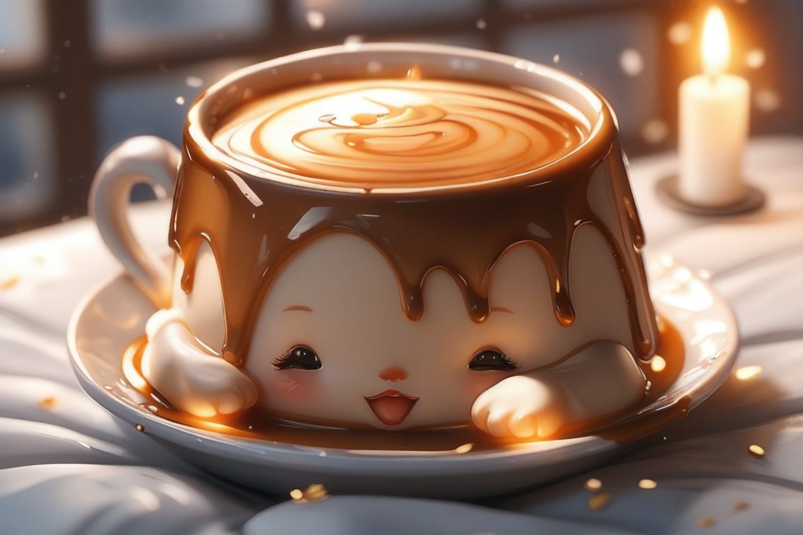 Cute little pudding, very comfortable to lie down and sleep in, cup shape, with melted caramel, semi-liquid flow down